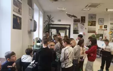 Uczniowie zwiedzający wystawę