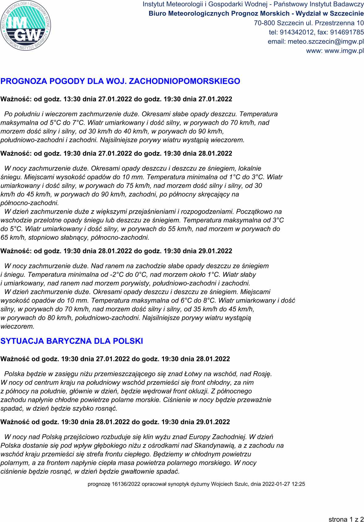 Prognoza pogody 28.01.2022