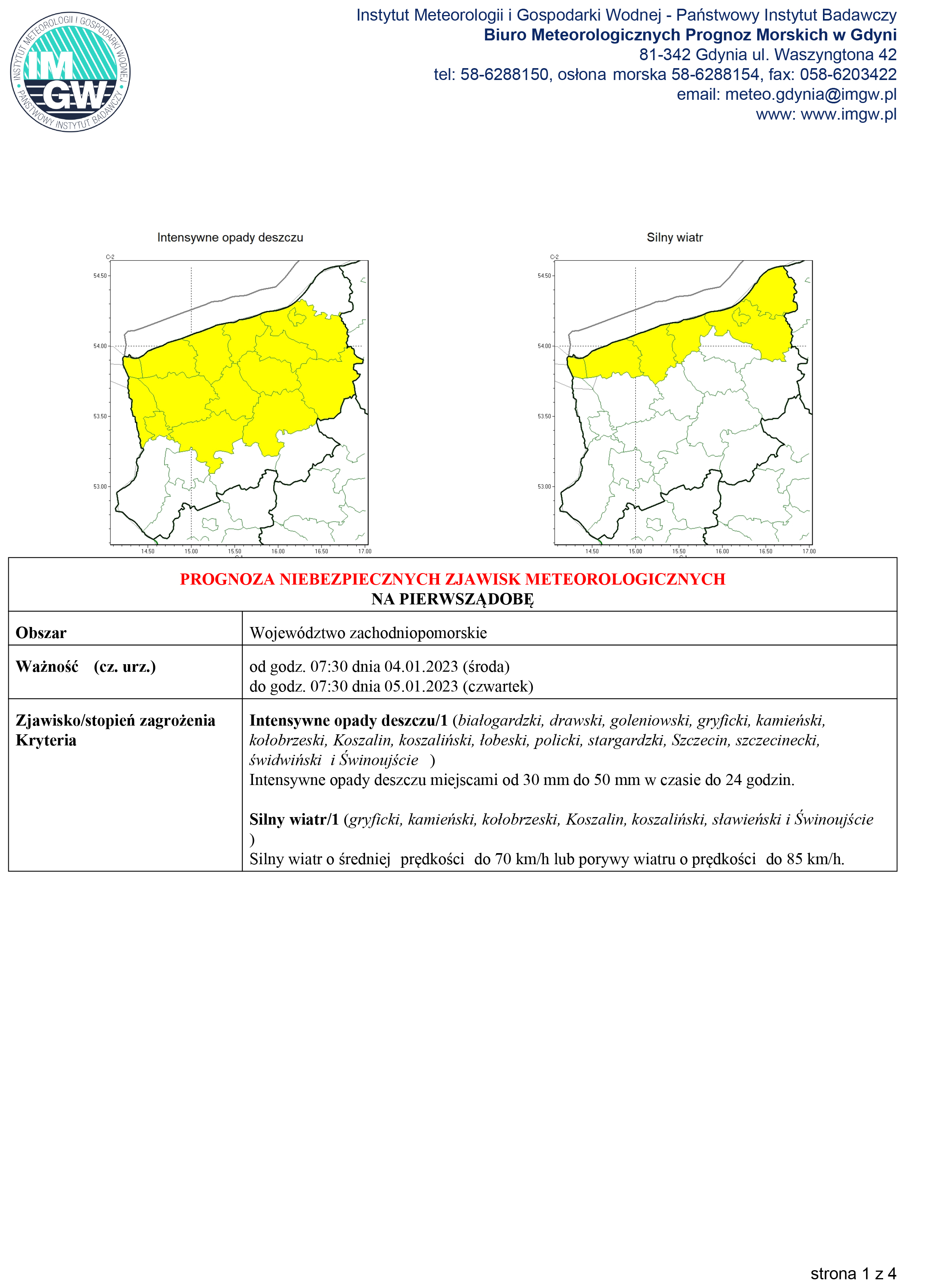 Ostrzeżenie meteorologiczne - intensywne opady deszczu i silny wiatr