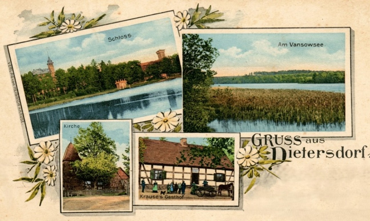 Pocztówka z Bobrowa z pierwszych lat XX w.; panorama nad jeziorem Kozy, jezioro Wąsosze, kościół i ryglowa gospoda Pocztówka z Bobrowa z pierwszych lat XX w.; panorama nad jeziorem Kozy, jezioro Wąsosze, kościół i ryglowa gospoda
