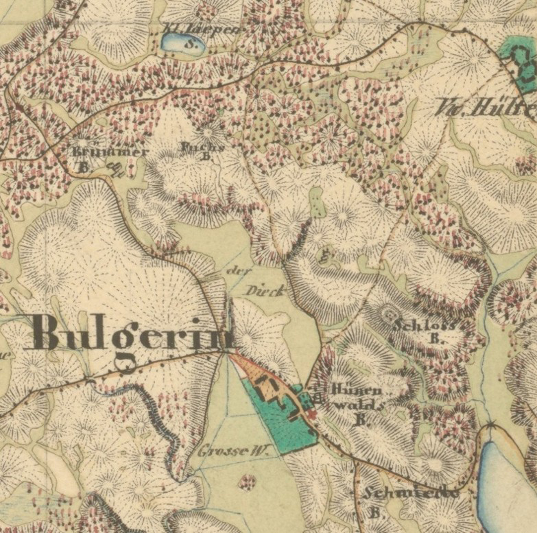 Okolice wsi Bulgrin w 1838 r.; na mapie użyto nazwy Bulgerin, która również była w użyciu; czerwonym krzyżem zaznaczono kościół Okolice wsi Bulgrin w 1838 r.; na mapie użyto nazwy Bulgerin, która również była w użyciu; czerwonym krzyżem zaznaczono kościół