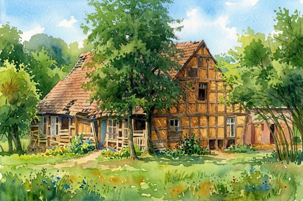Szachulcowy domek pasterski nad zachodnim brzegiem dawnego jeziora Ciemino Szachulcowy domek pasterski nad zachodnim brzegiem dawnego jeziora Ciemino