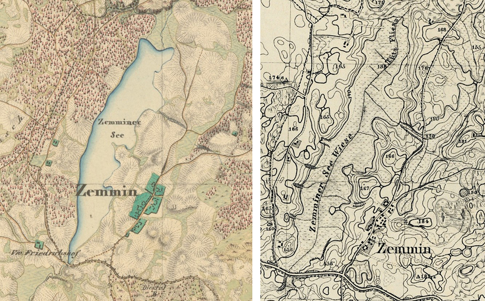 Mapa z 1839 r. przed wysuszeniem jeziora oraz z końca XIX w. po wysuszeniu jeziora Mapa z 1839 r. przed wysuszeniem jeziora oraz z końca XIX w. po wysuszeniu jeziora