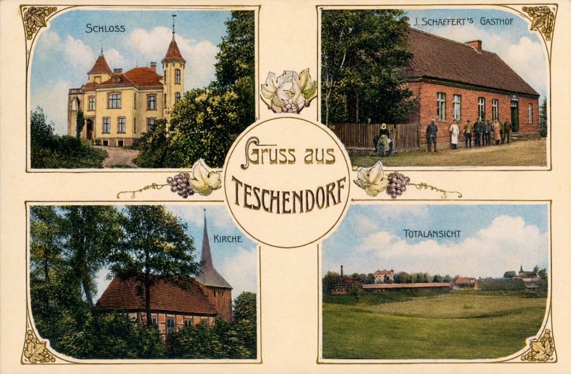 Cieszyno – okres międzywojenny; u góry: pałac i gospoda; na dole: kościół i panorama wsi Cieszyno – okres międzywojenny; u góry: pałac i gospoda; na dole: kościół i panorama wsi