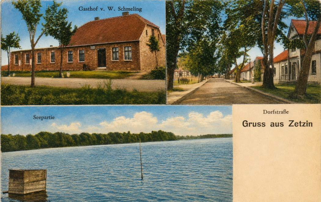 Widokówka z początku XX w.; gospoda W. Schmellinga, główna ulica i jezioro Siecino Widokówka z początku XX w.; gospoda W. Schmellinga, główna ulica i jezioro Siecino