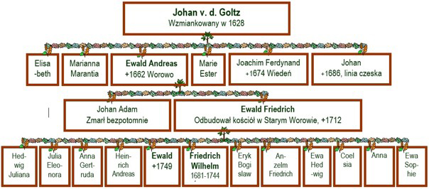 Drzewo genealogiczne ostatnich czterech pokoleń "czarnej linii" rodu Goltzów. Drzewo opracowane na podstawie dzieła barona Friedricha von der Goltz, Nachrichten ueber die Familie der Grafen und Freiherrn von der Goltz, 1885 r. Drzewo genealogiczne ostatnich czterech pokoleń "czarnej linii" rodu Goltzów. Drzewo opracowane na podstawie dzieła barona Friedricha von der Goltz, Nachrichten ueber die Familie der Grafen und Freiherrn von der Goltz, 1885 r.