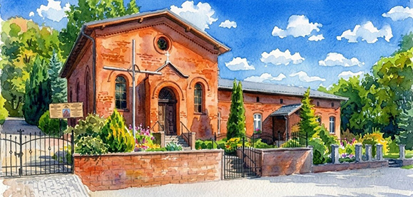 Murowany z czerwonej cegły ceramicznej murowany kościół z budynkiem plebanii w Warniłęgu Murowany z czerwonej cegły ceramicznej murowany kościół z budynkiem plebanii w Warniłęgu