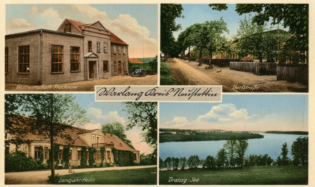 Pocztówka z lat trzydziestych XX w.; u góry: gospoda rodziny Prochnow i główna ulica we wsi; na dole dwór przekształcony dom dla młodzieży odbywającej roczną edukację przez pracę na roli oraz jezioro Drawsko Pocztówka z lat trzydziestych XX w.; u góry: gospoda rodziny Prochnow i główna ulica we wsi; na dole dwór przekształcony dom dla młodzieży odbywającej roczną edukację przez pracę na roli oraz jezioro Drawsko