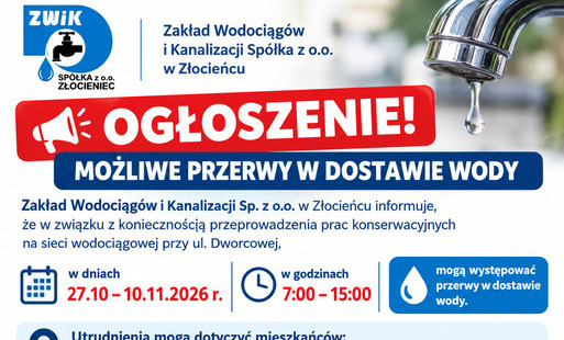 Zdjęcie do Możliwe przerwy w dostawie wody - ul. Dworcowa i ul. Gliniasta 7